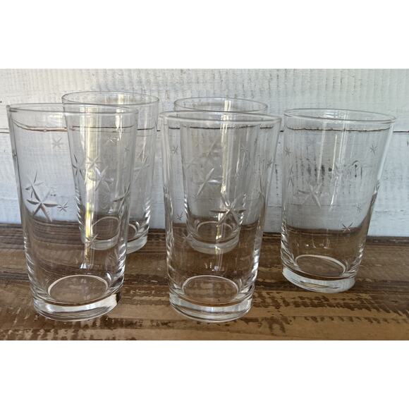 Set 5 Vintage MCM Barware Quartzex Crystal Star Dust Atomic Flat Tumbler 5” Cup - Picture 1 of 4